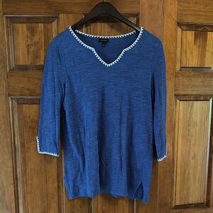 Talbots Blue Blouse with 3/4 Sleeves and White Trim
